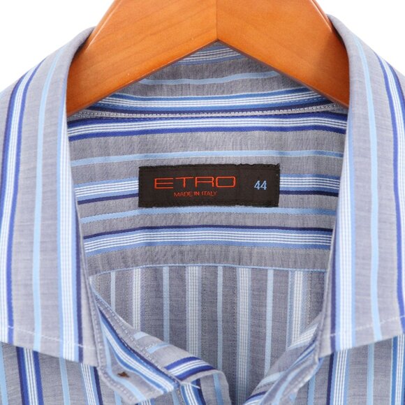 Etro Blue Striped Button Front Long Sleeve Men's Shirt 44 - Picture 3 of 5